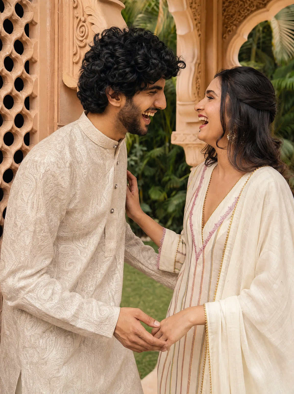 Ivory Striped Embroidered Kurta Set