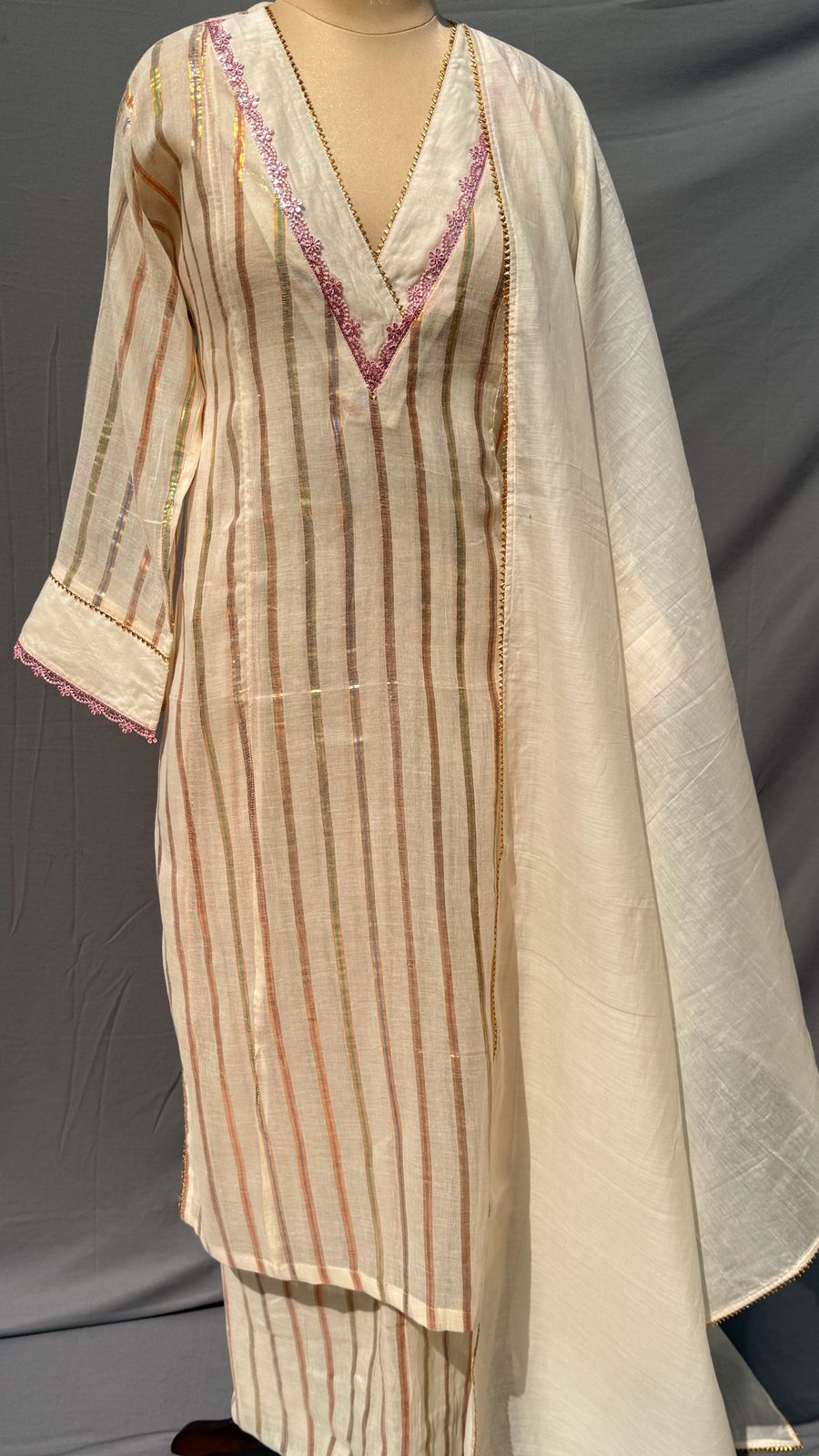 Ivory Striped Embroidered Kurta Set