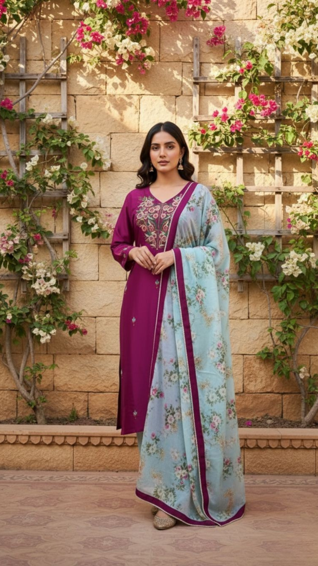 Berry Blossom Suit Set Fuchsia Sky Blue