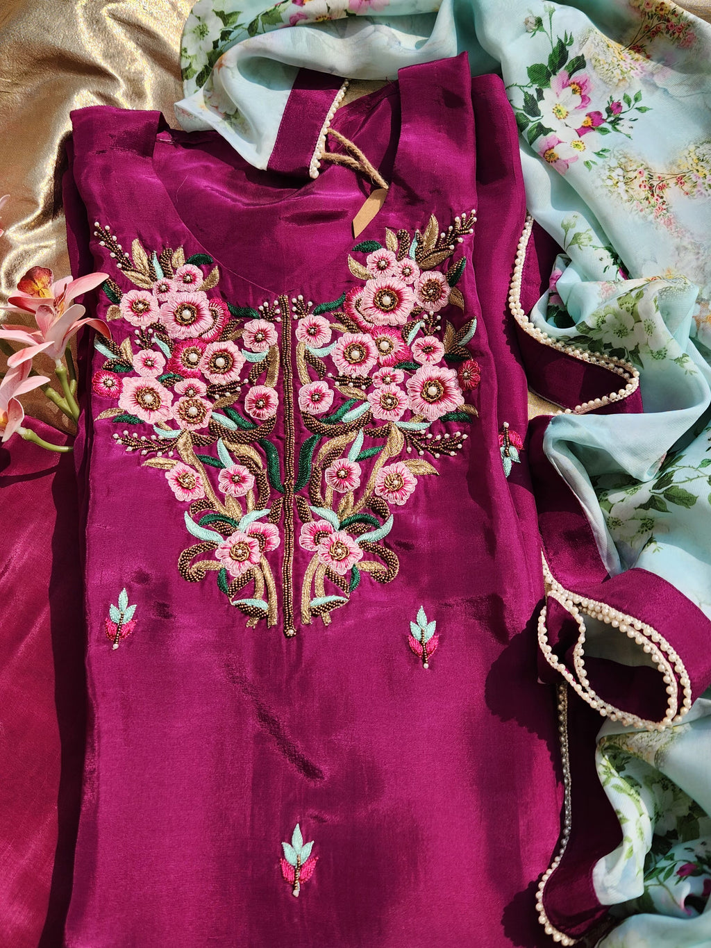 Berry Blossom Suit Set Fuchsia Sky Blue