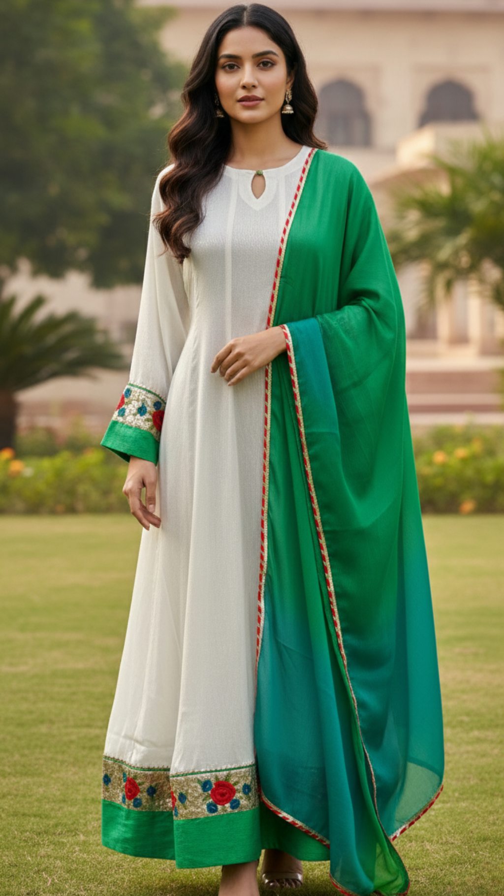 EMERALD BLOOM ANARKALI SET- IVORY & GREEN