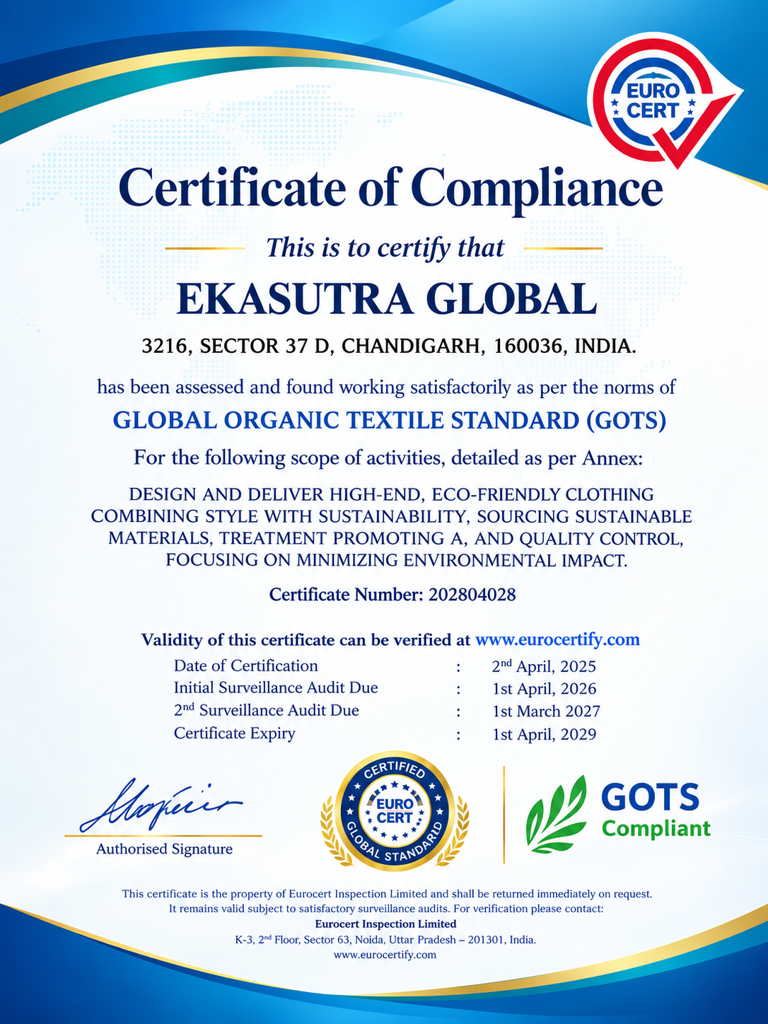 Ekasutra Global Certificate of Compliance