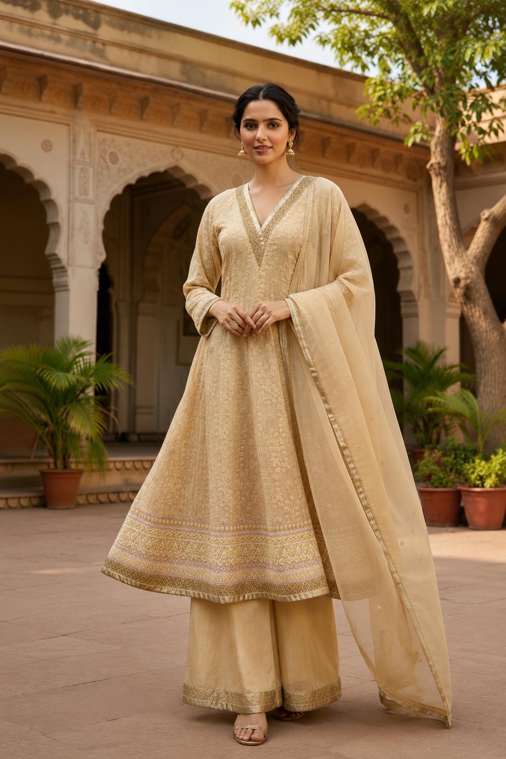 Golden Heirloom Anarkali Suit - Champagne Beige
