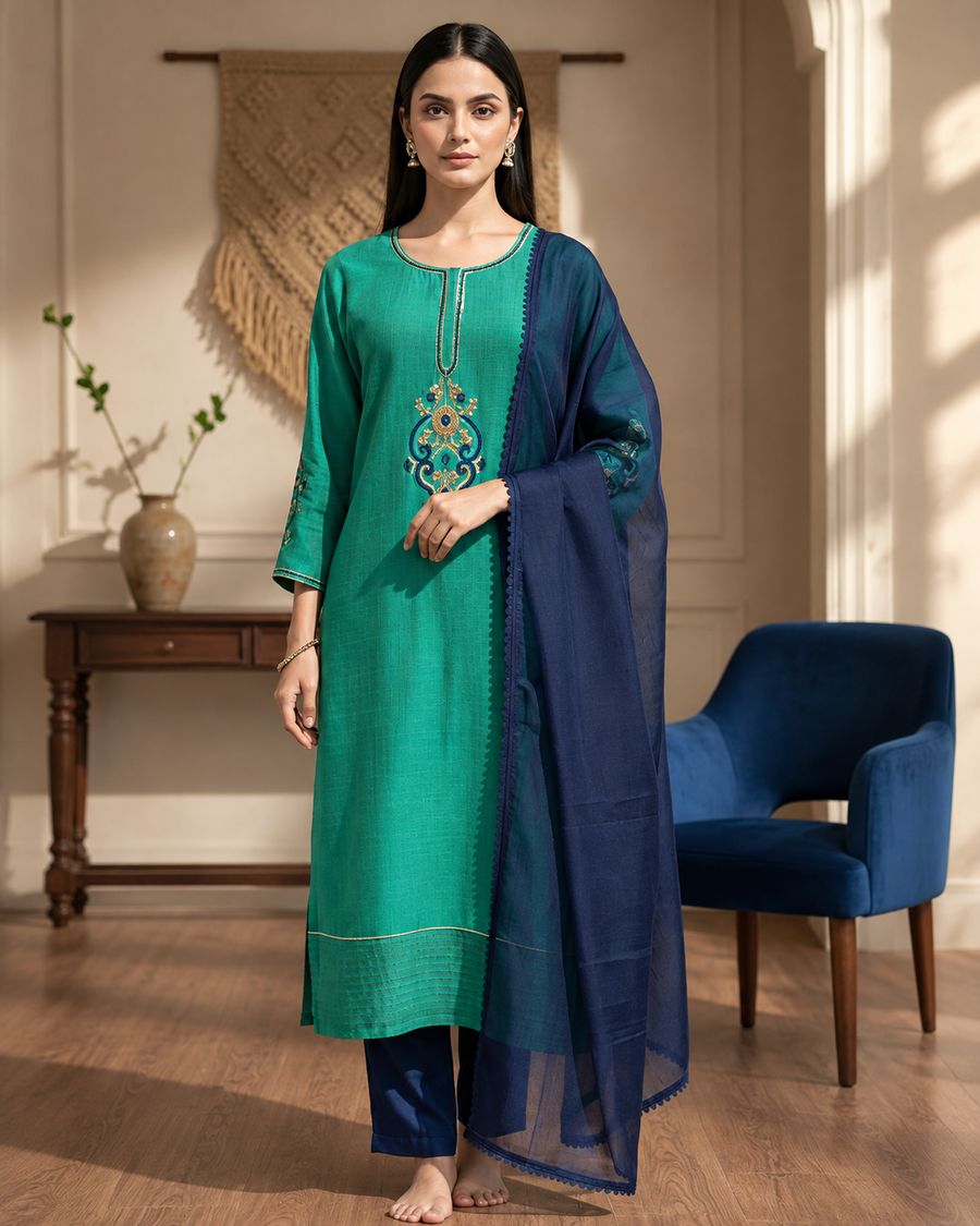 Ocean Jewel Suit Set- Turquoise & Navy Blue