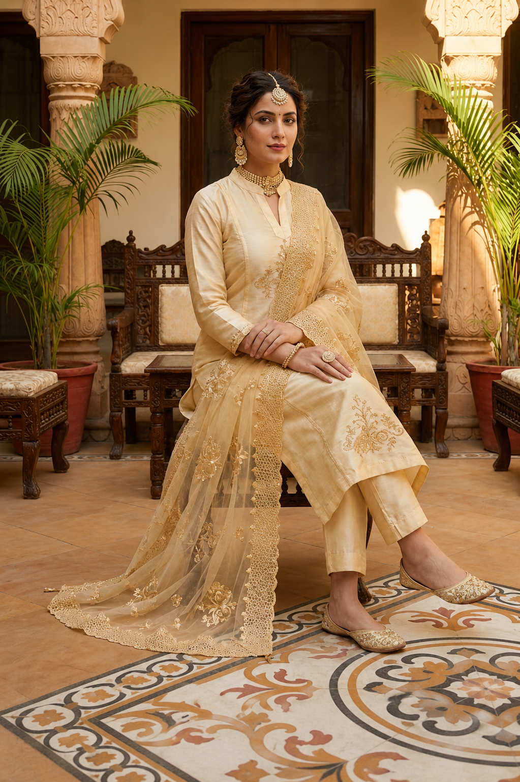Ivory Cotton Silk Suit With Tonal Embroidery Organza Dupatta