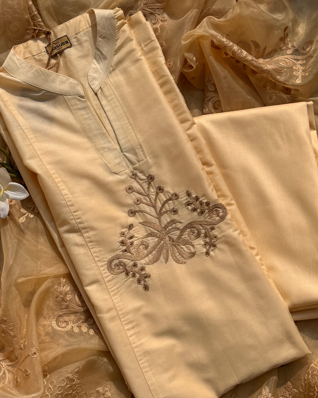 Ivory Cotton Silk Suit With Tonal Embroidery Organza Dupatta
