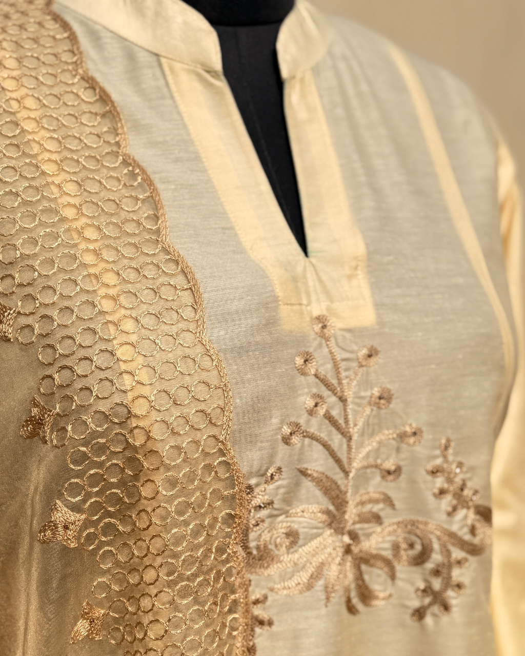 Ivory Cotton Silk Suit With Tonal Embroidery Organza Dupatta