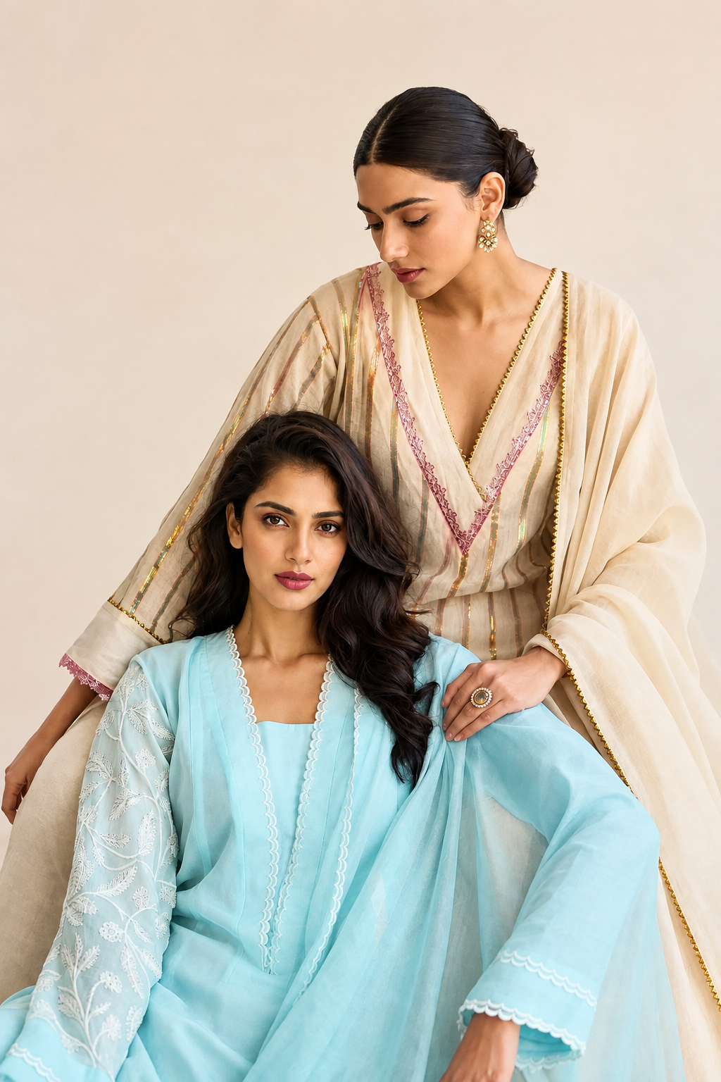 Ivory Striped Embroidered Kurta Set