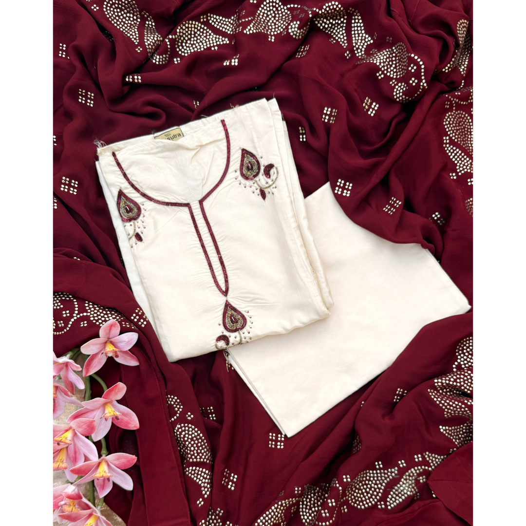 The Noor Suit - Off-white & Maroon