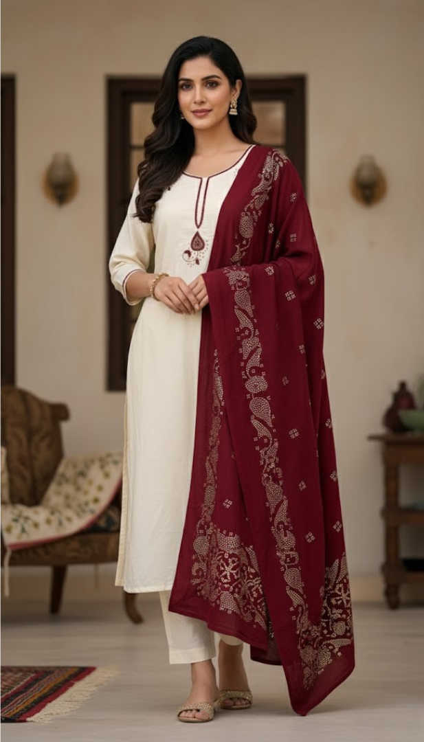 The Noor Suit - Off-white & Maroon