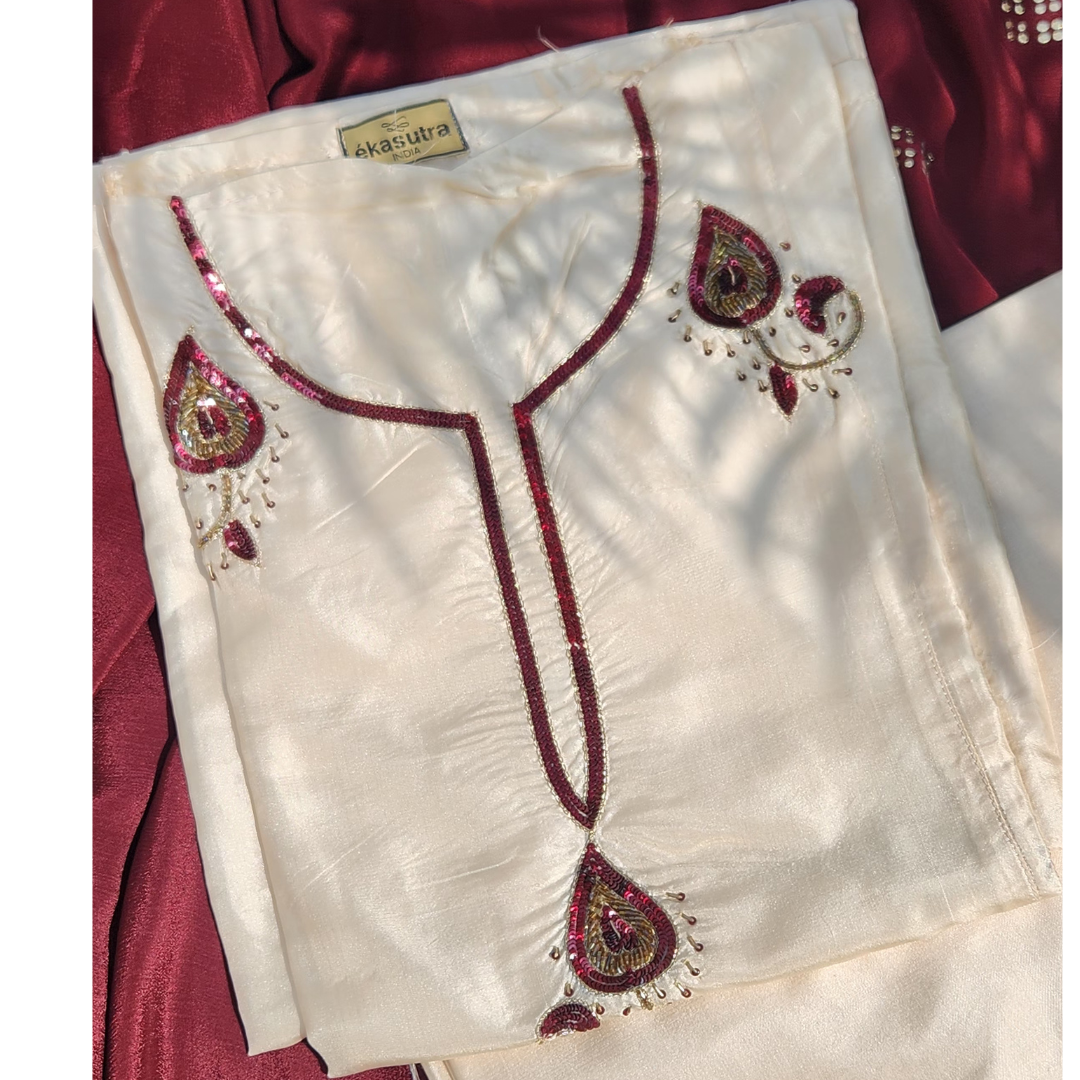 The Noor Suit - Off-white & Maroon