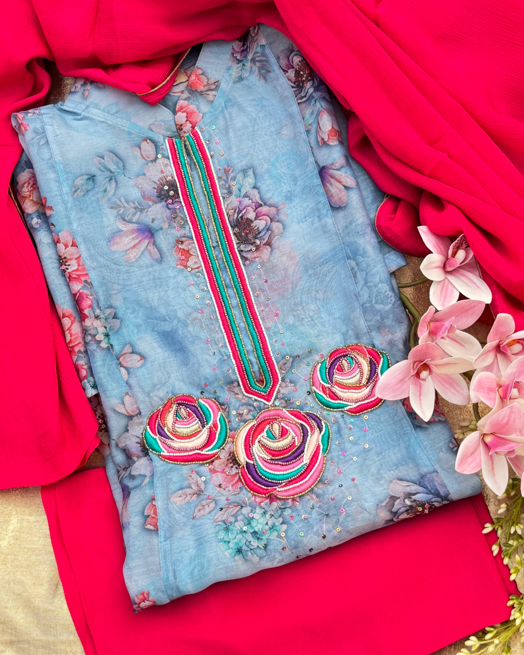 The Rosette Statement Suit Powder Blue Floral